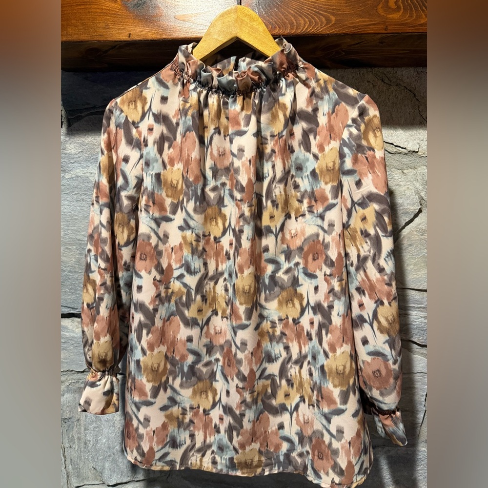Floral Print Ruffle Neck Women's Top